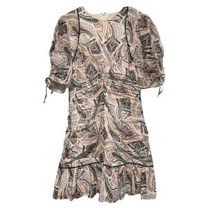 Stevie May Paisley Ruched Mini Dress M – Puff Sleeves, Ruffle Hem, Boho